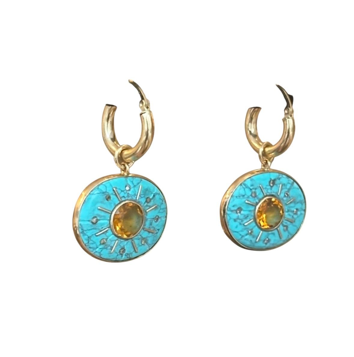 ORECCHINI SOL, Soli di turchese con citrino, diamanti champagne e oro 14k in vendita 4