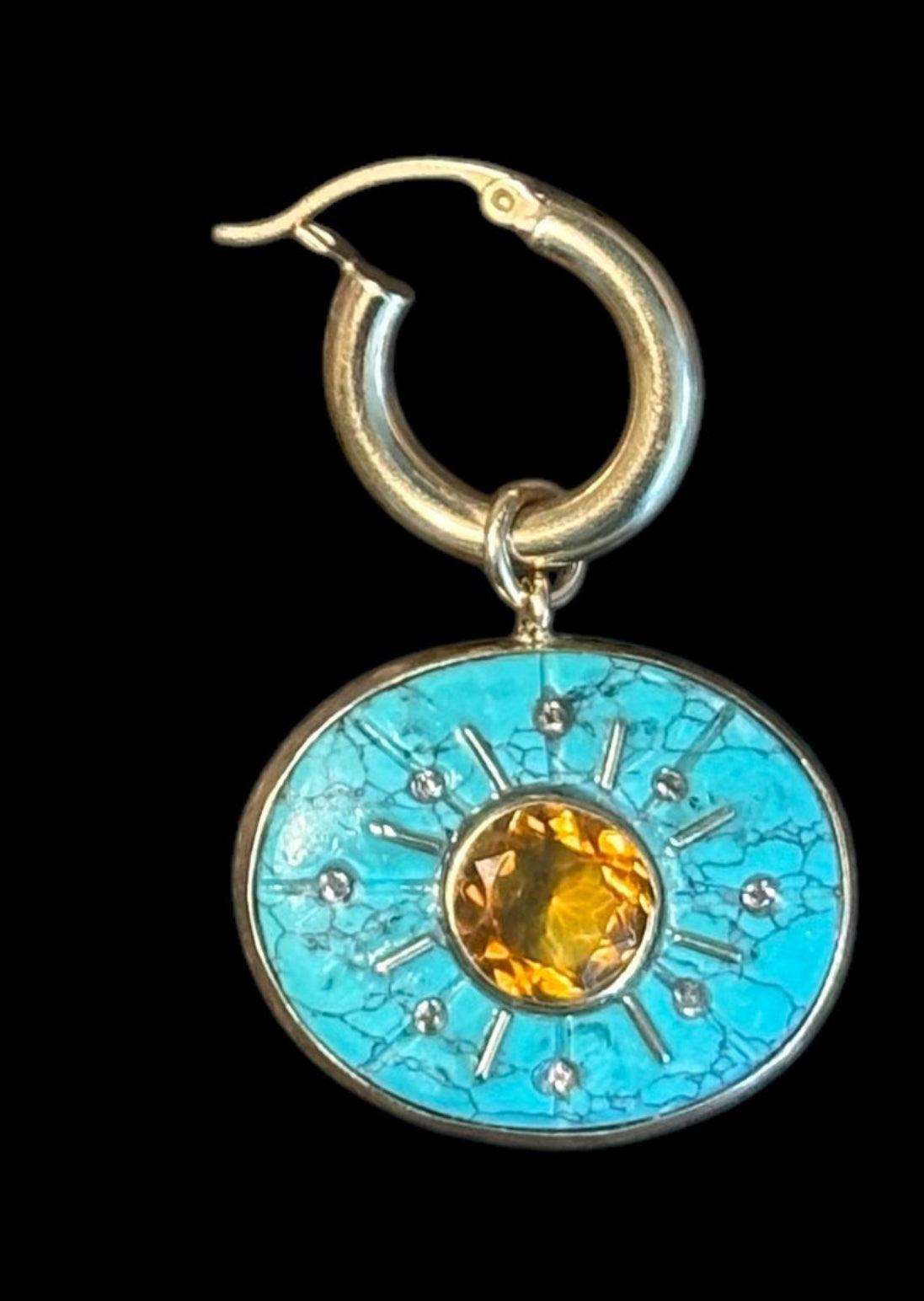 Contemporaneo ORECCHINI SOL, Soli di turchese con citrino, diamanti champagne e oro 14k in vendita