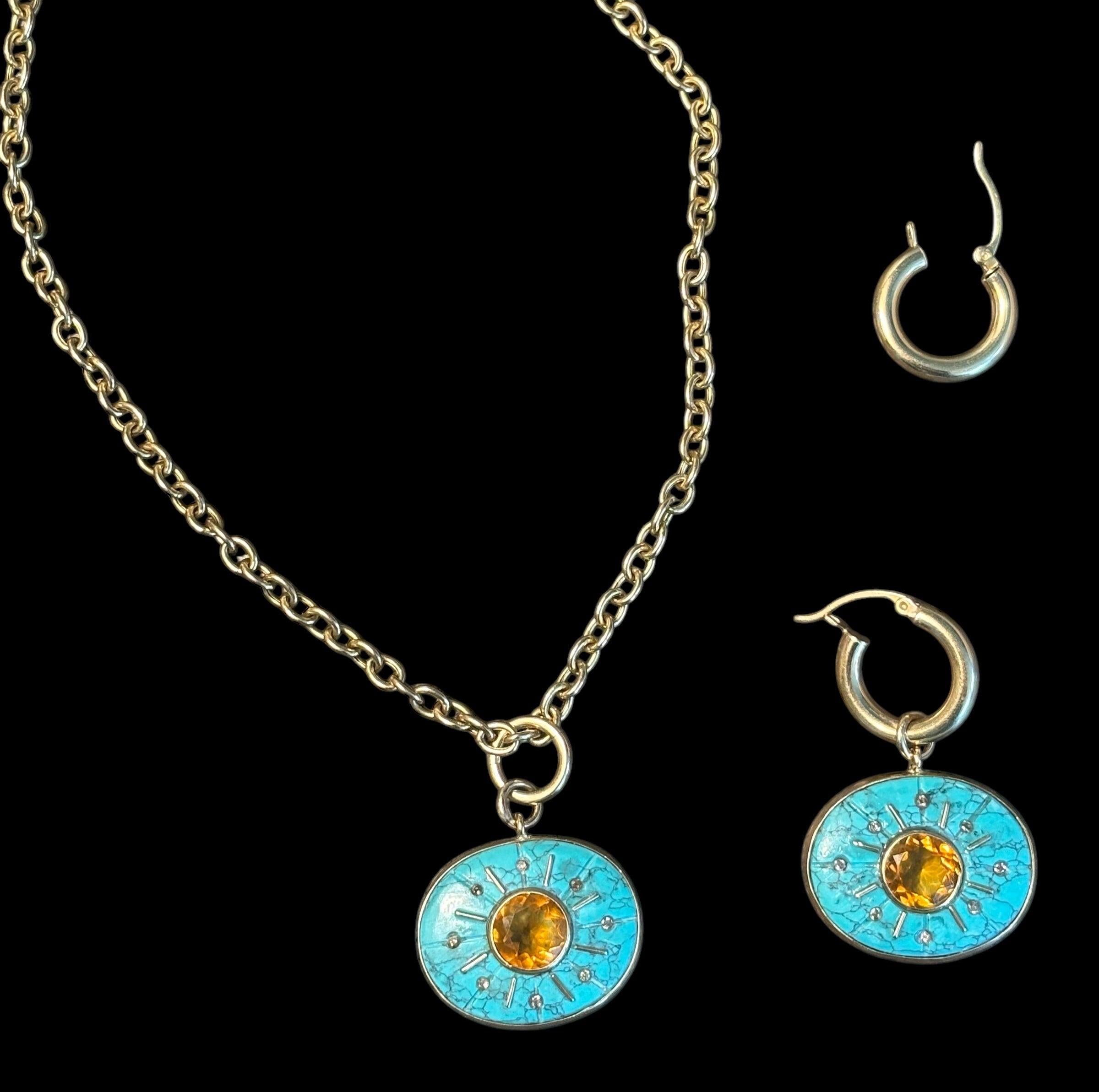 ORECCHINI SOL, Soli di turchese con citrino, diamanti champagne e oro 14k in vendita 1