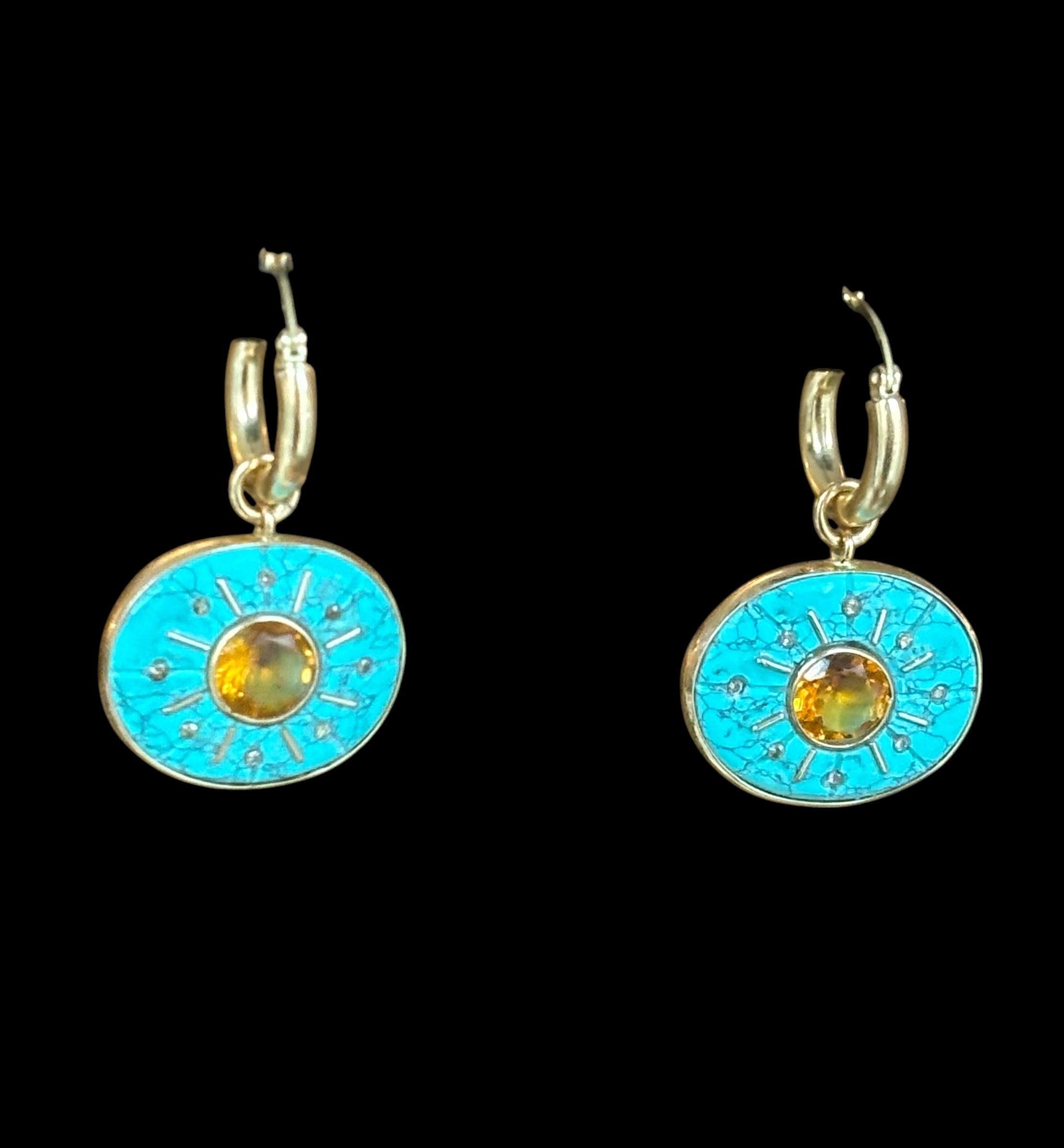 ORECCHINI SOL, Soli di turchese con citrino, diamanti champagne e oro 14k in vendita 2