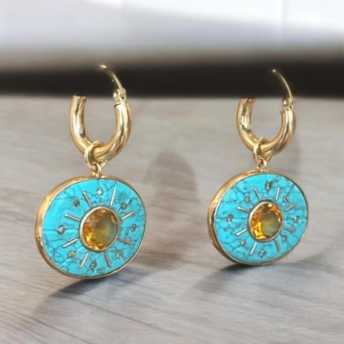 ORECCHINI SOL, Soli di turchese con citrino, diamanti champagne e oro 14k in vendita 3