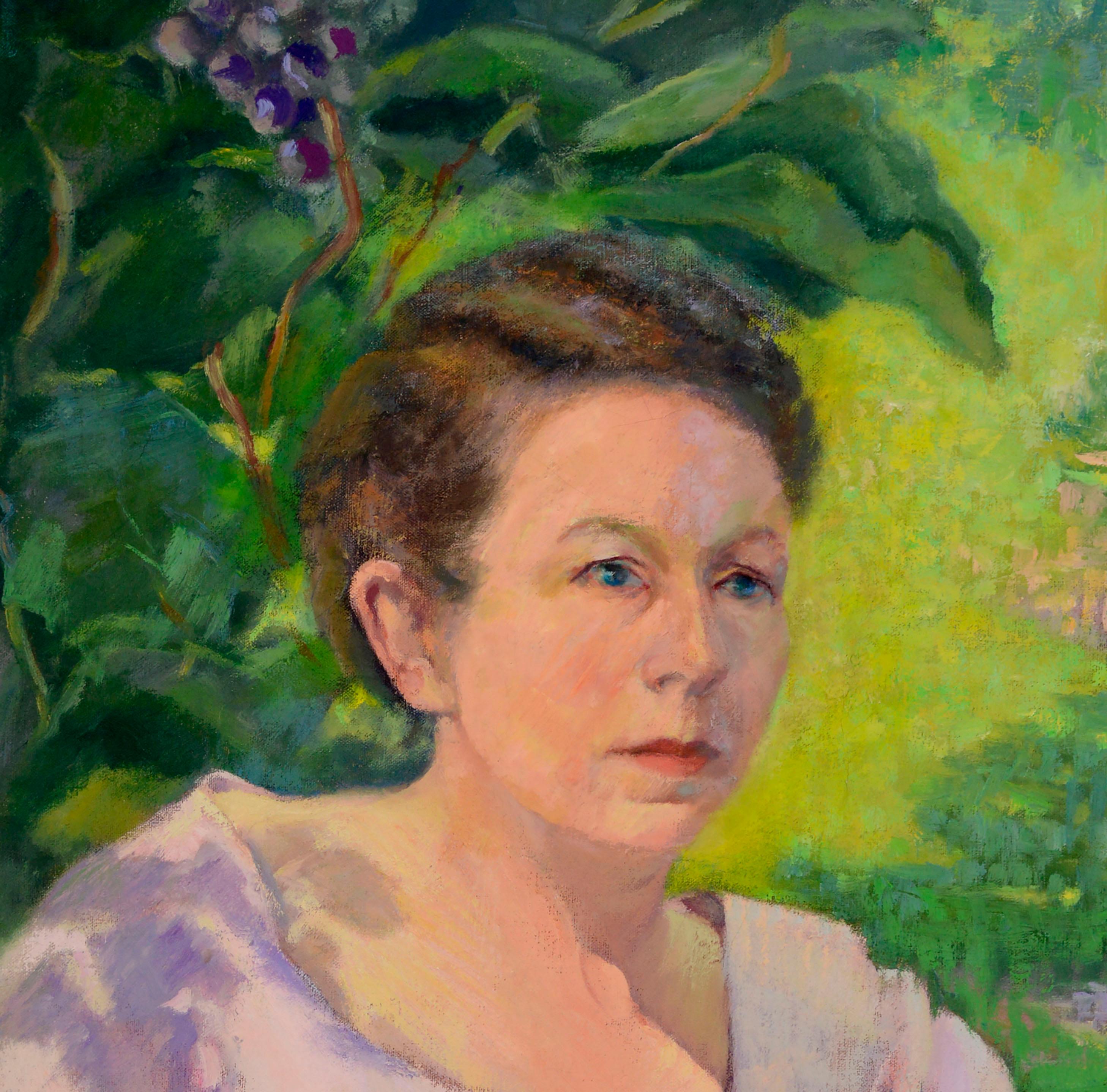 Mid Century Garden Portrait of a Woman in Lavender  - Painting by Sol Jasner