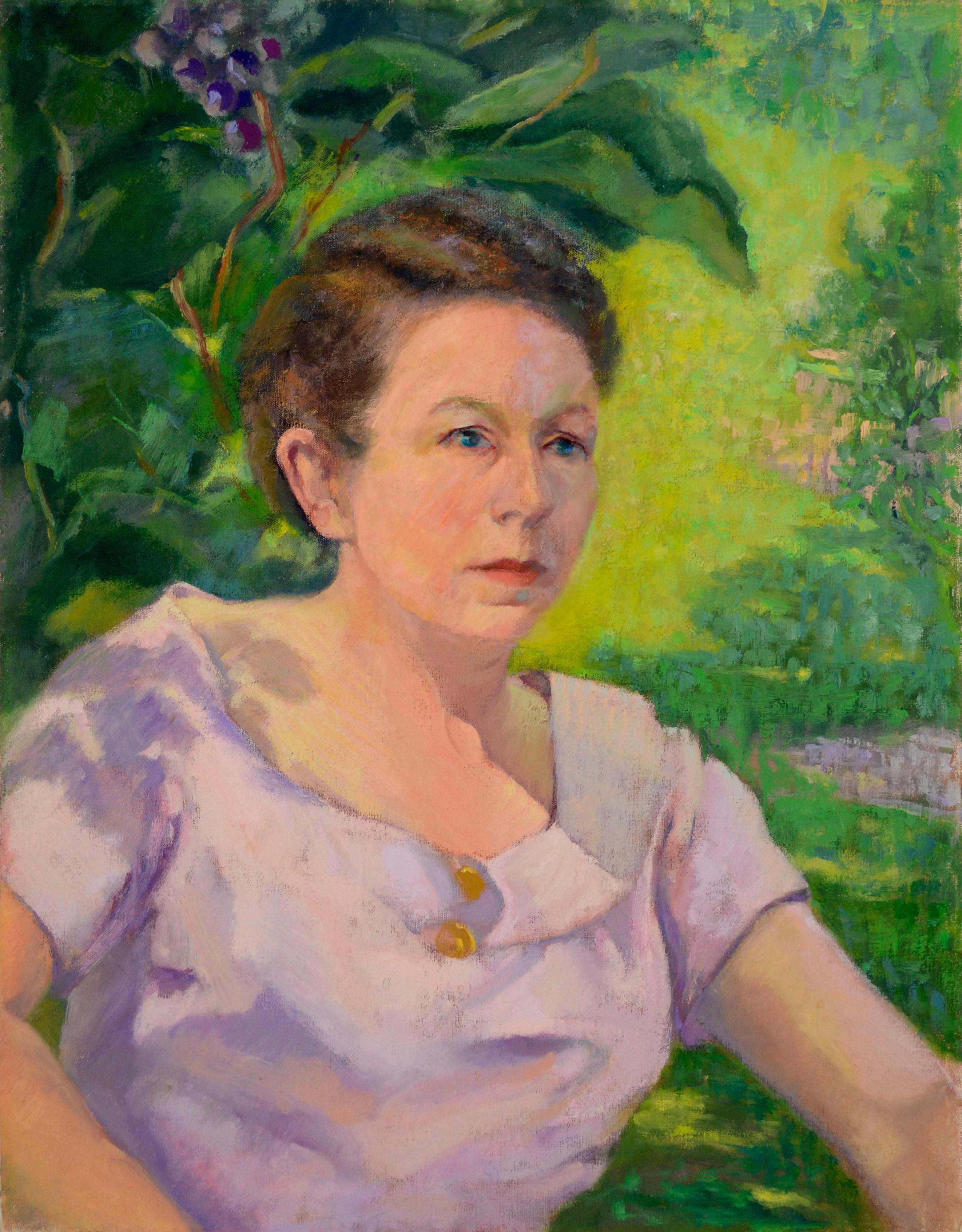 Figurative Painting di Sol Jasner - Ritratto di donna in lavanda del giardino di metà secolo