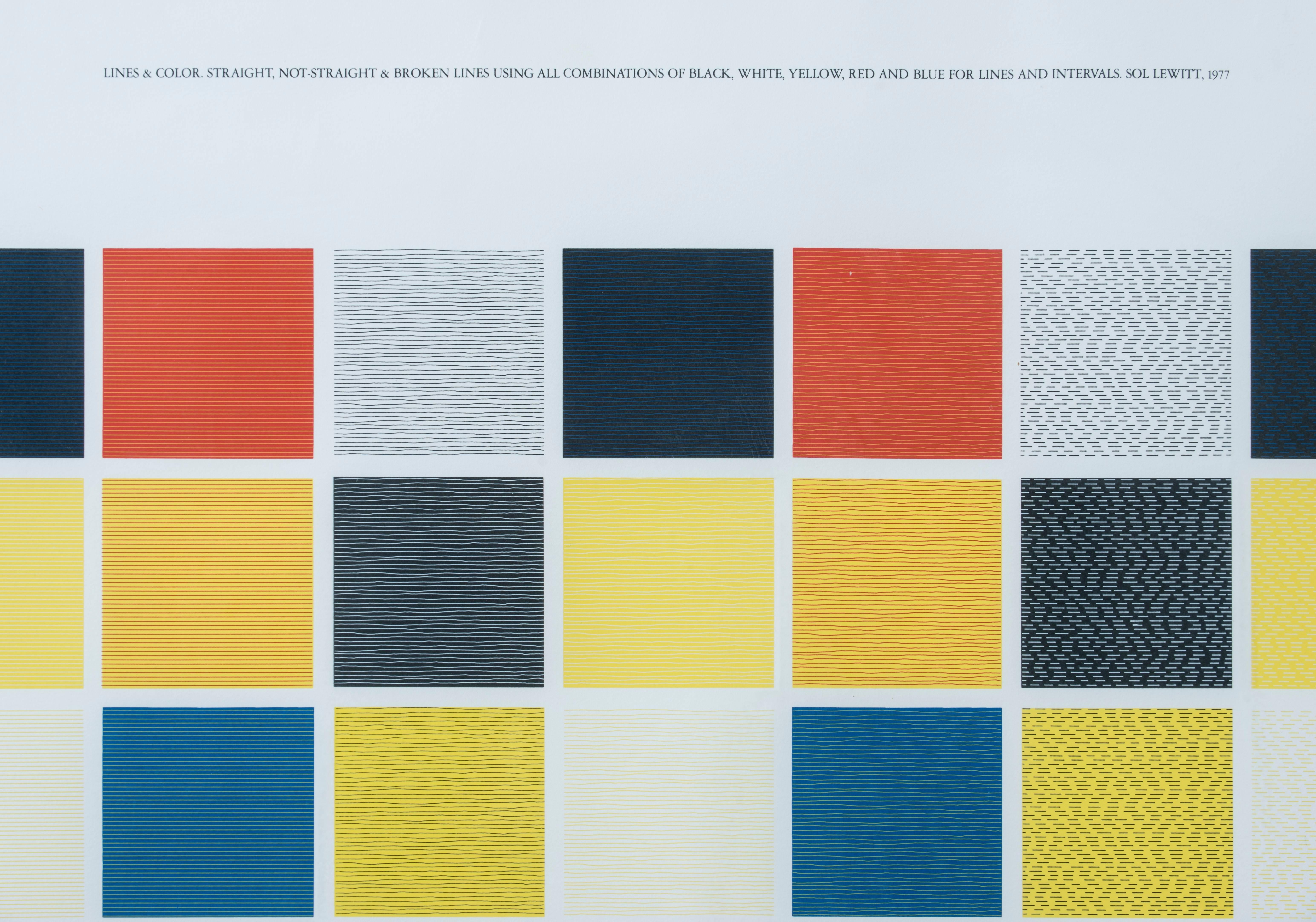 Lines and color, straight, not-straight and broken lines using combinations of black, white, yellow, red and blue for lines and intervals by Sol Lewitt, is an edition of 50, with 15 artist proofs. AP edition 5/15 is available. Signed and numbered on