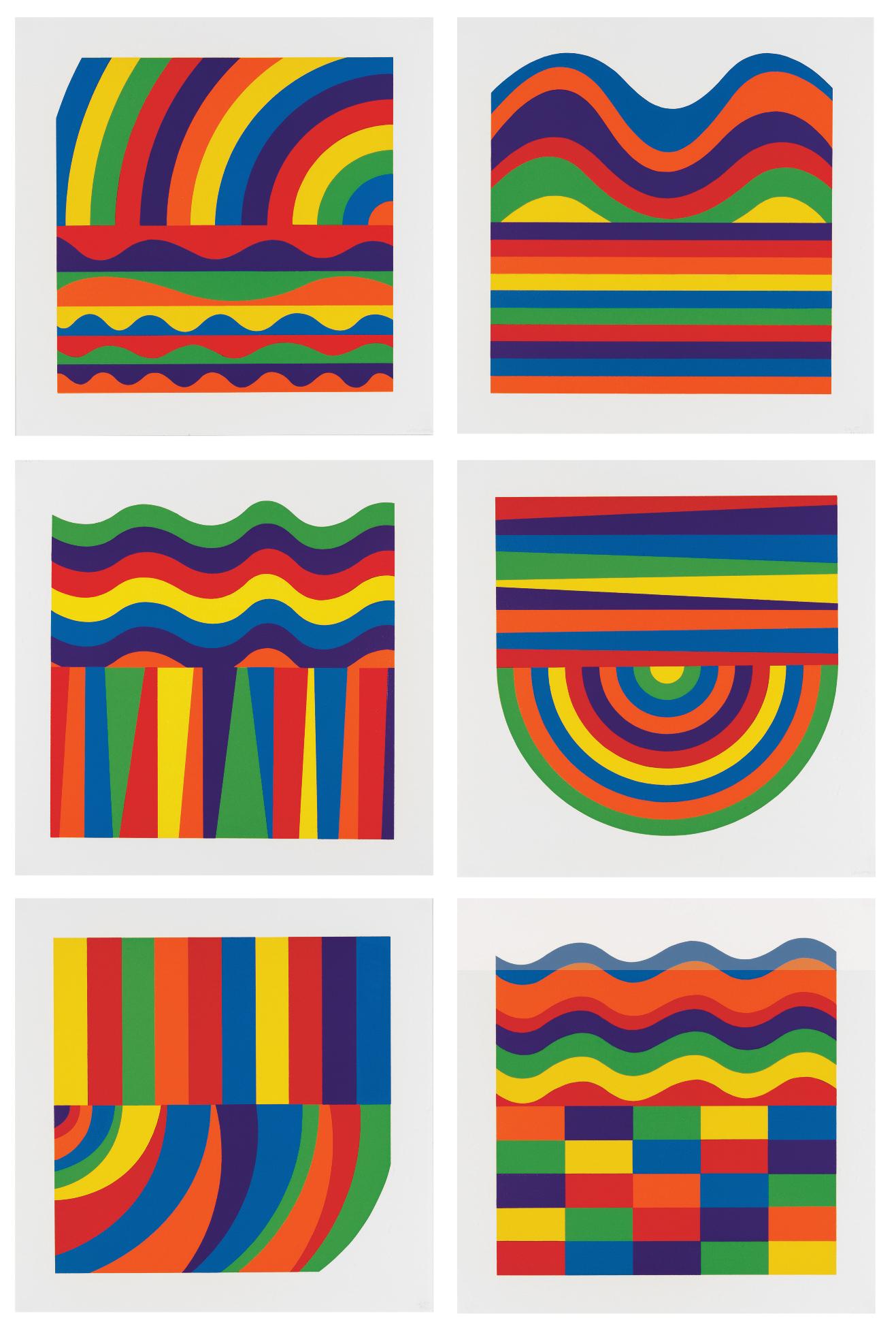 Sol LeWitt Abstract Print - Arcs and Bands in Color - linocut minimalism conceptual art contemporary art