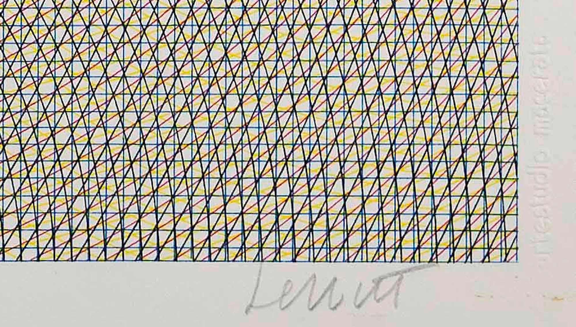 Blue Grid, Red Circles, Black and Yellow Arcs - Lithograph by Sol Lewitt - 1972 - Print by Sol LeWitt