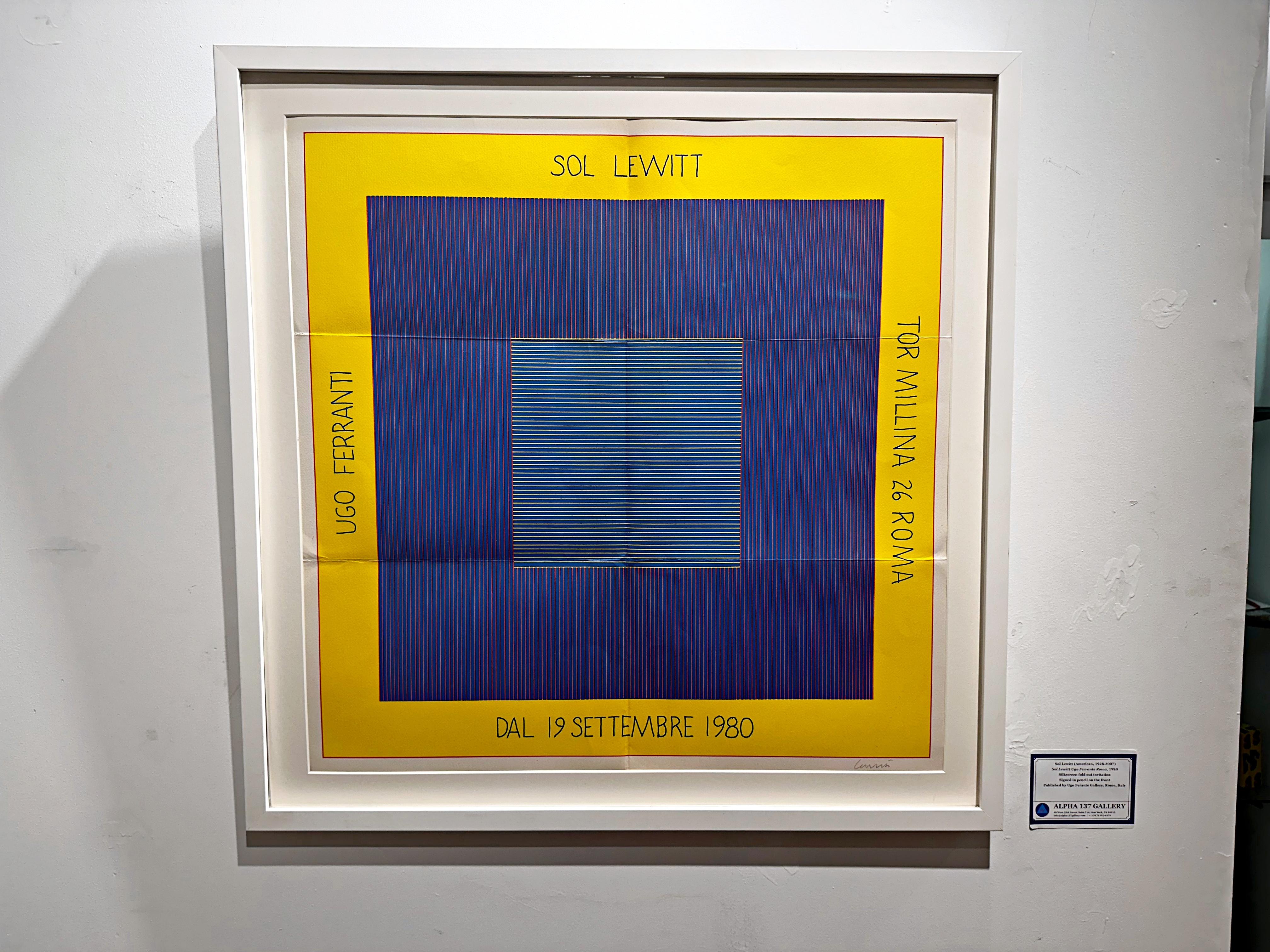 Rare Italian exhibition invitation Ugo Ferranti hand signed by Sol Lewitt Framed