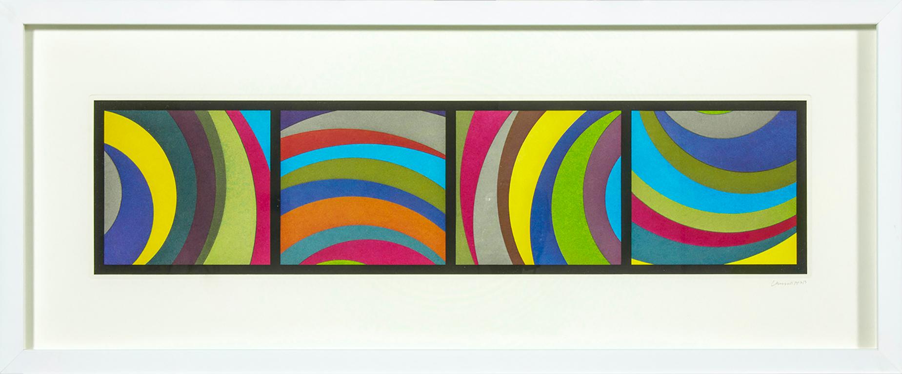 "Arcos irregulares de cuatro lados" Grabado abstracto colorista y geométrico con aguatinta en colores sobre papel Somerset con márgenes completos. Firmado y numerado PP 2/3 a lápiz en la parte inferior derecha del anverso. Tamaño de la imagen: 19,1