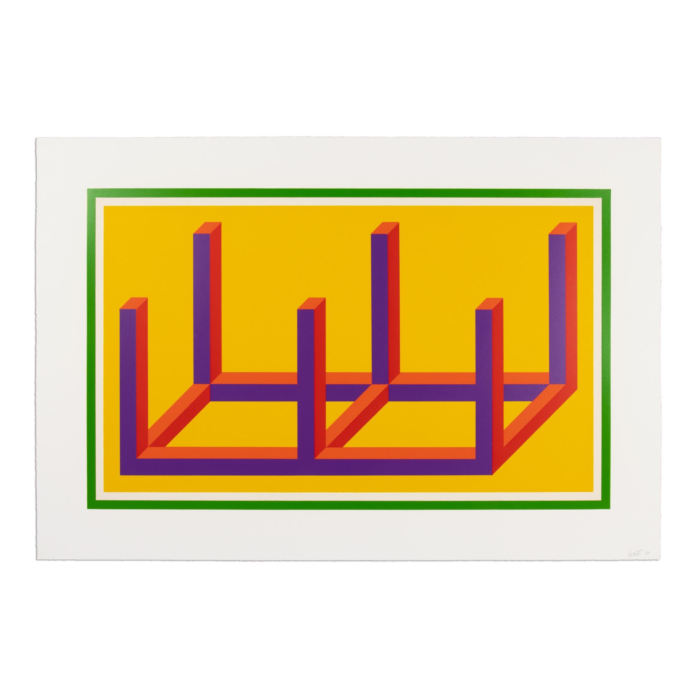 Sol LeWitt (American, 1928-2007)
Isometric Figures (Plate I), 2002
Medium: Linocut in colors on Somerset Satin
Dimensions: 50 × 75 cm (19½ × 29½ in)
Edition of 55: Hand-signed and numbered
Printer: Watanabe Studio, Brooklyn
Publisher: Alberico Cerri