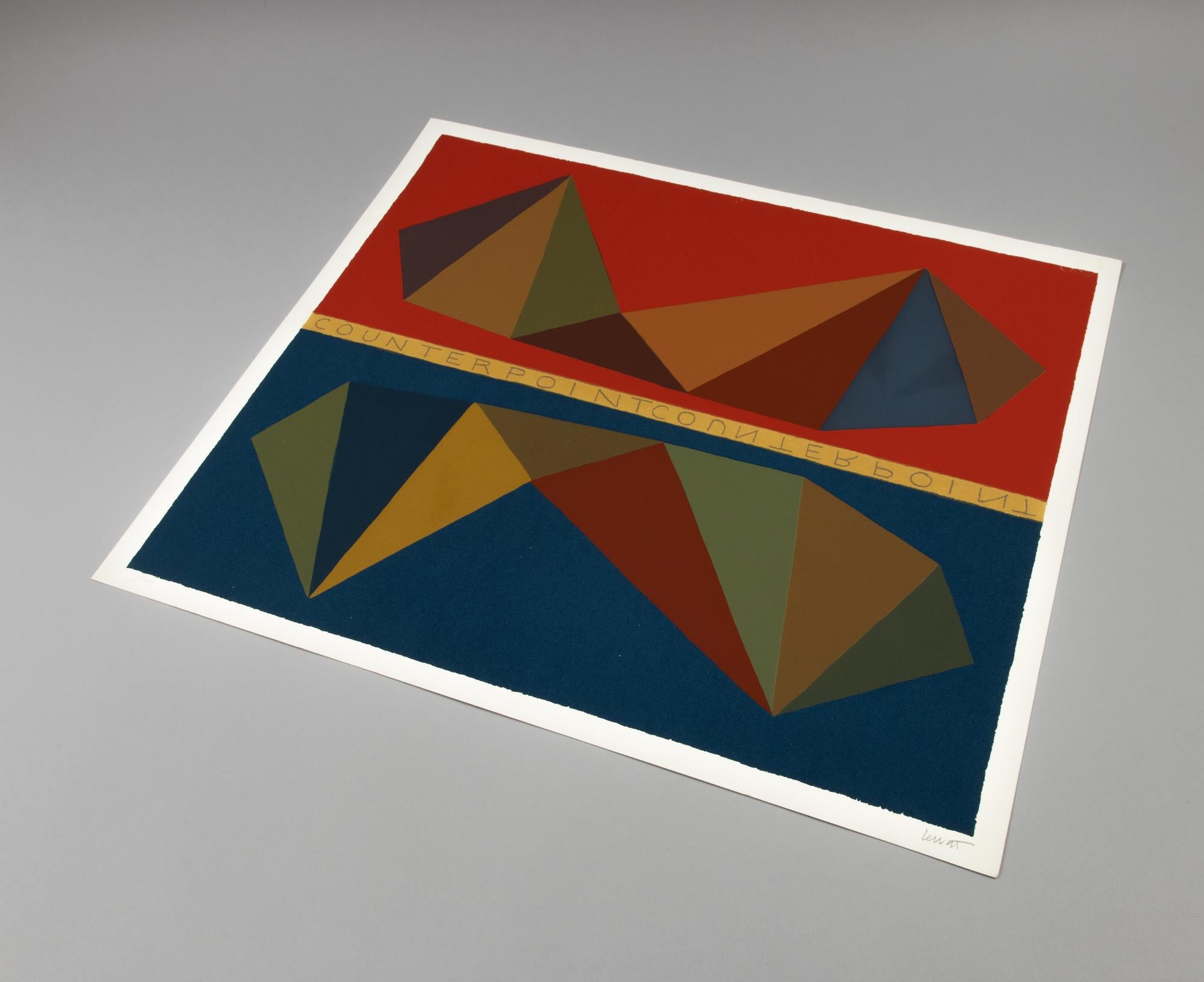 Sol Lewitt (American, 1928-2007)
Two Asymmetrical Pyramids and Their Mirror Images (Counterpoint), 1986
Medium: Silkscreen on Rosapina Fabriano paper
Dimensions: 53.7 × 61.9 cm (21.1 × 24.4 in)
Edition of 100: Hand signed and numbered in