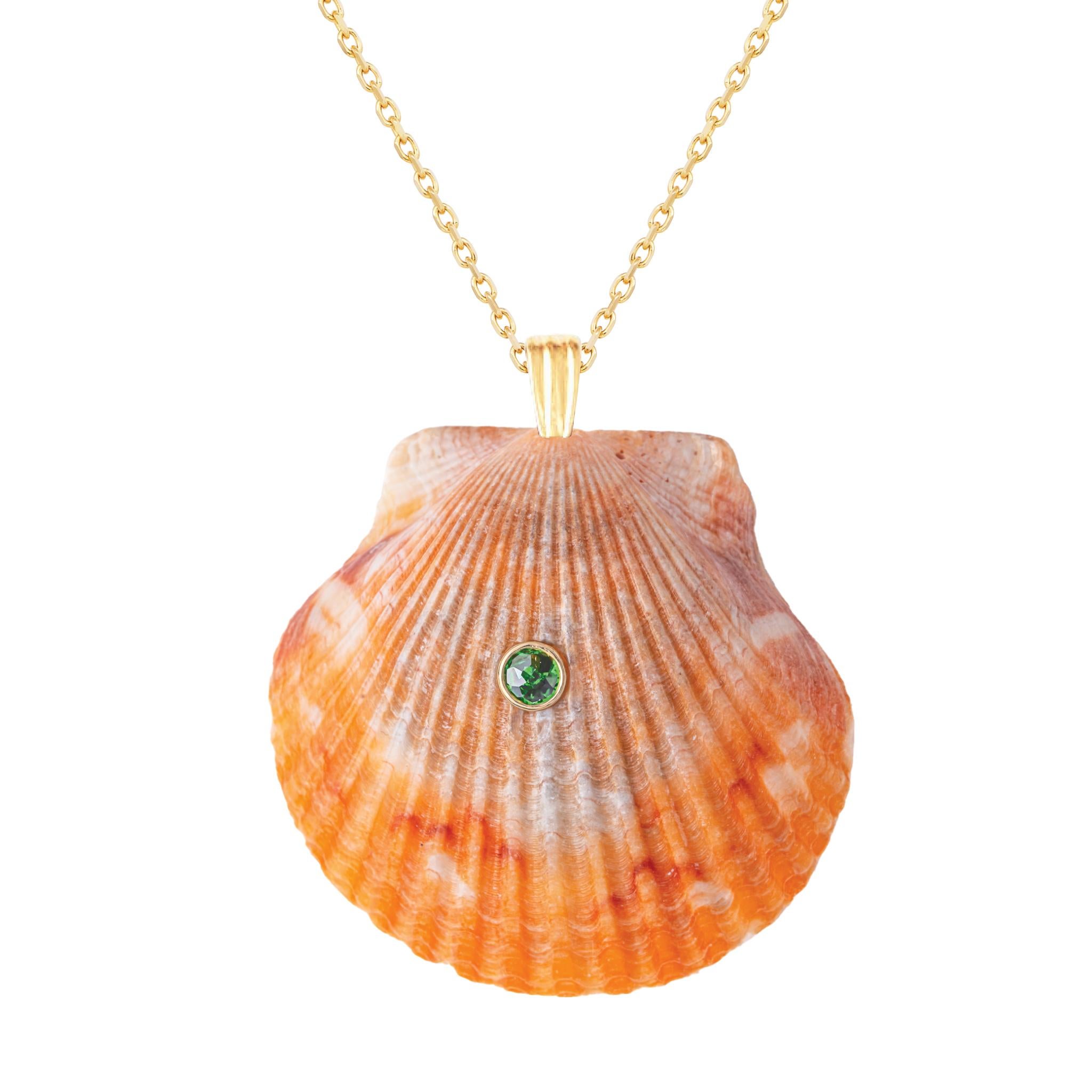 Pendentif en coquillage naturel, orné de pierres précieuses en grenat tsavorite et d'un fermoir en or massif 14k. Portez ce pendentif seul ou superposez-le à d'autres chaînes en or pour obtenir un bel effet de superposition.  

La commande comprend
