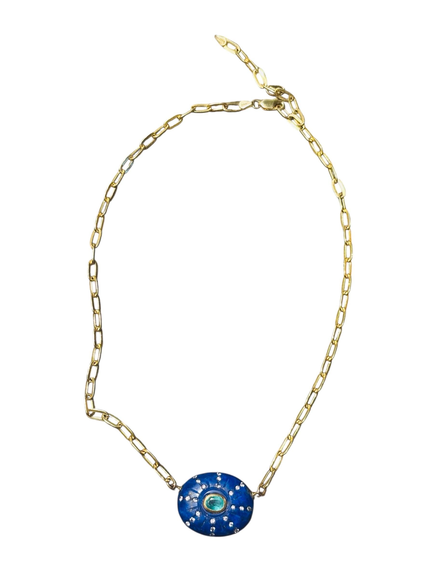 SOL NECKLACE, Lapis, Emerald, Diamonds & 14k Gold on a Paperclip Chain in vendita 5