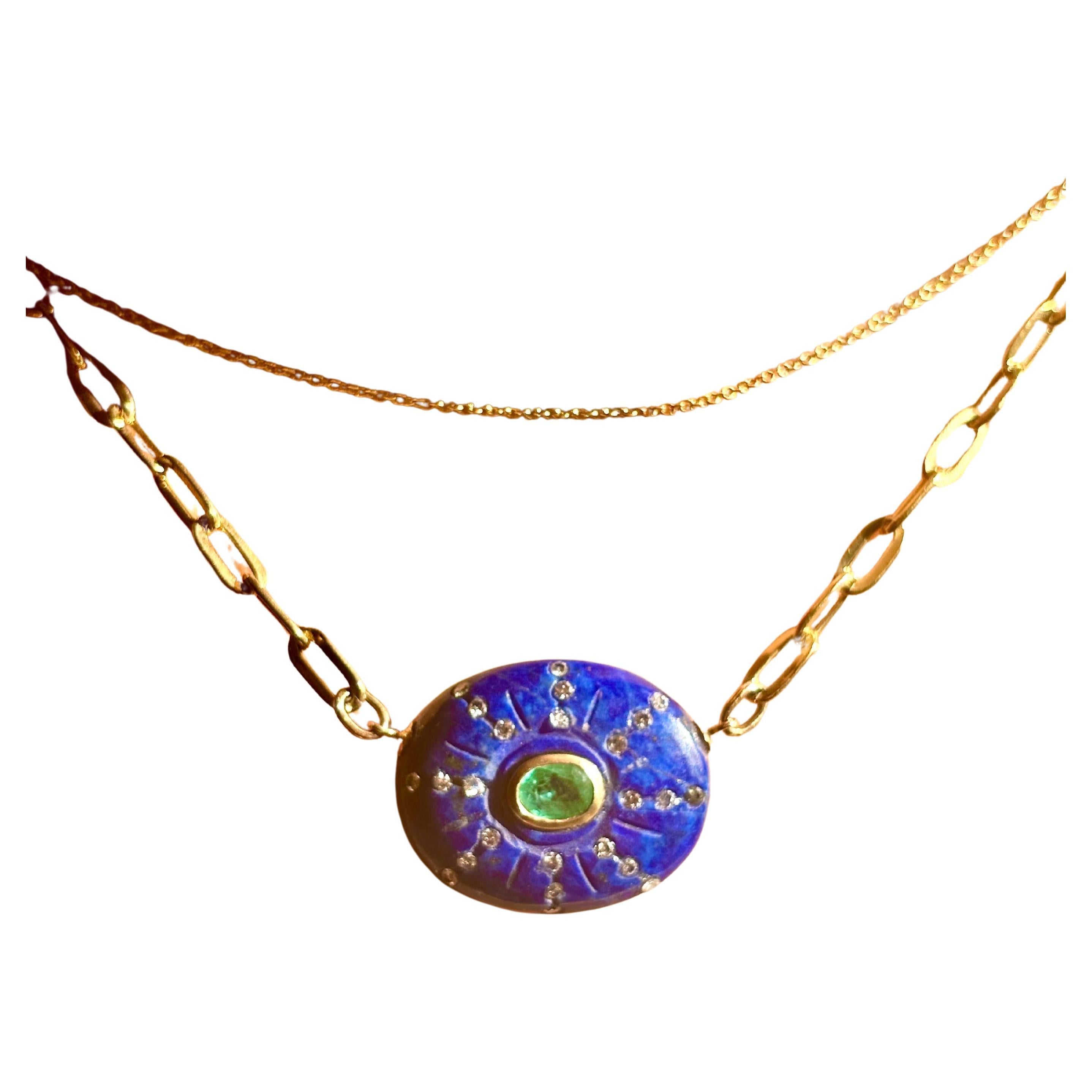 Taglio misto SOL NECKLACE, Lapis, Emerald, Diamonds & 14k Gold on a Paperclip Chain in vendita