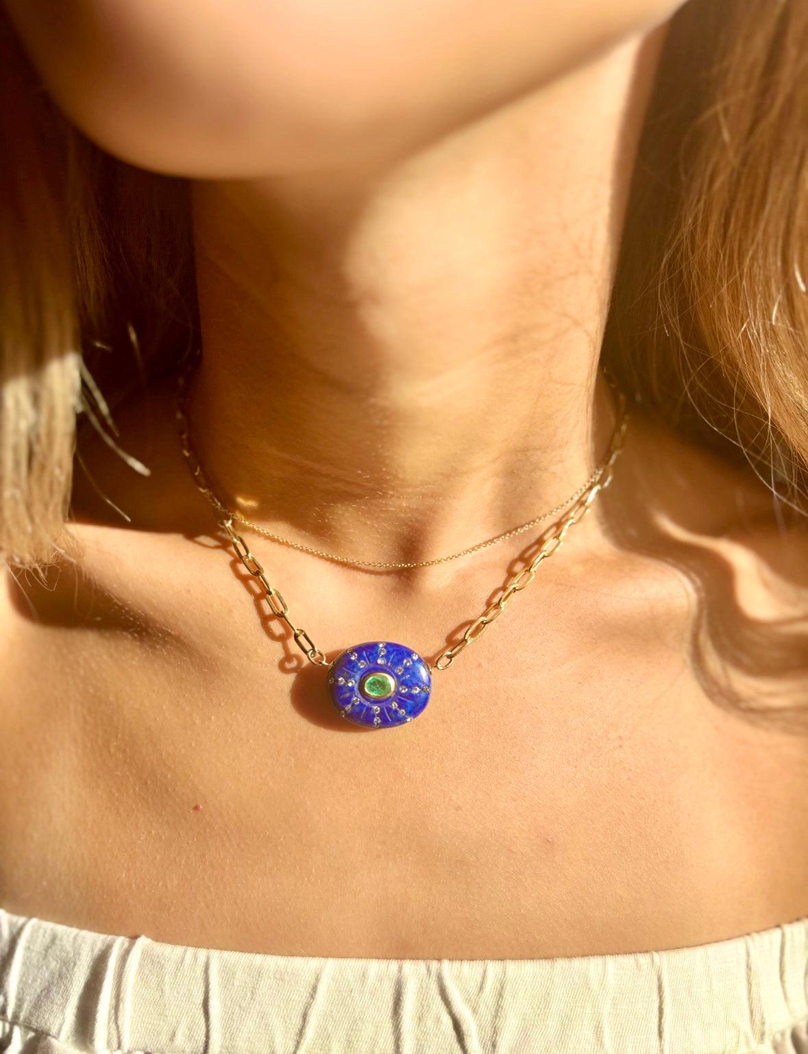 SOL NECKLACE, Lapis, Emerald, Diamonds & 14k Gold on a Paperclip Chain In condizioni Nuovo in vendita a New York, NY