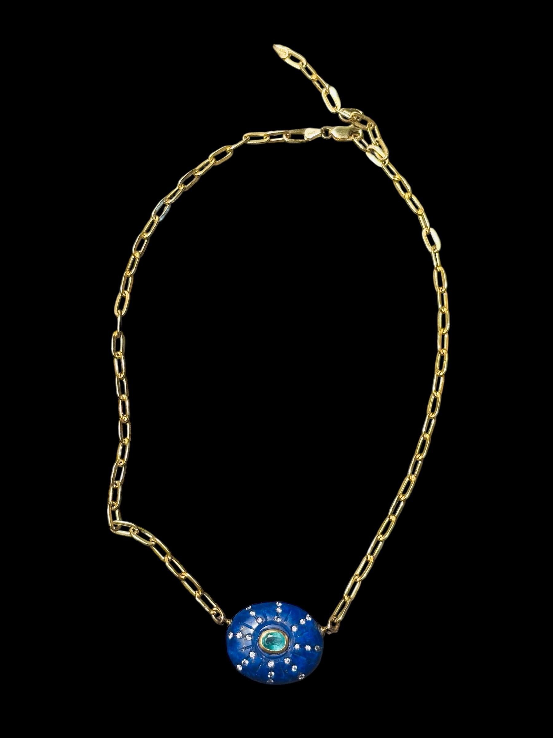 da uomo o donna SOL NECKLACE, Lapis, Emerald, Diamonds & 14k Gold on a Paperclip Chain in vendita