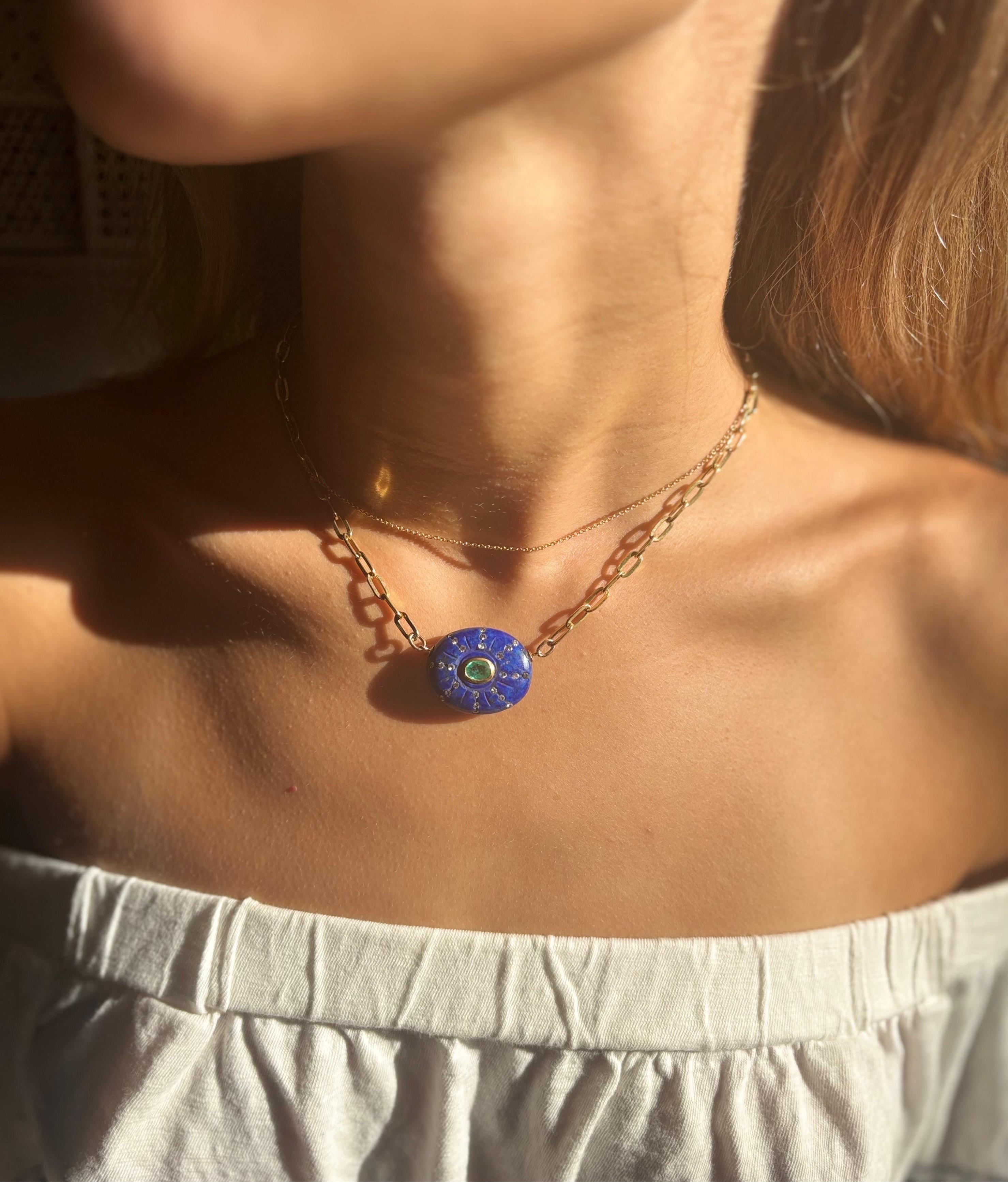 SOL NECKLACE, Lapis, Emerald, Diamonds & 14k Gold on a Paperclip Chain in vendita 1