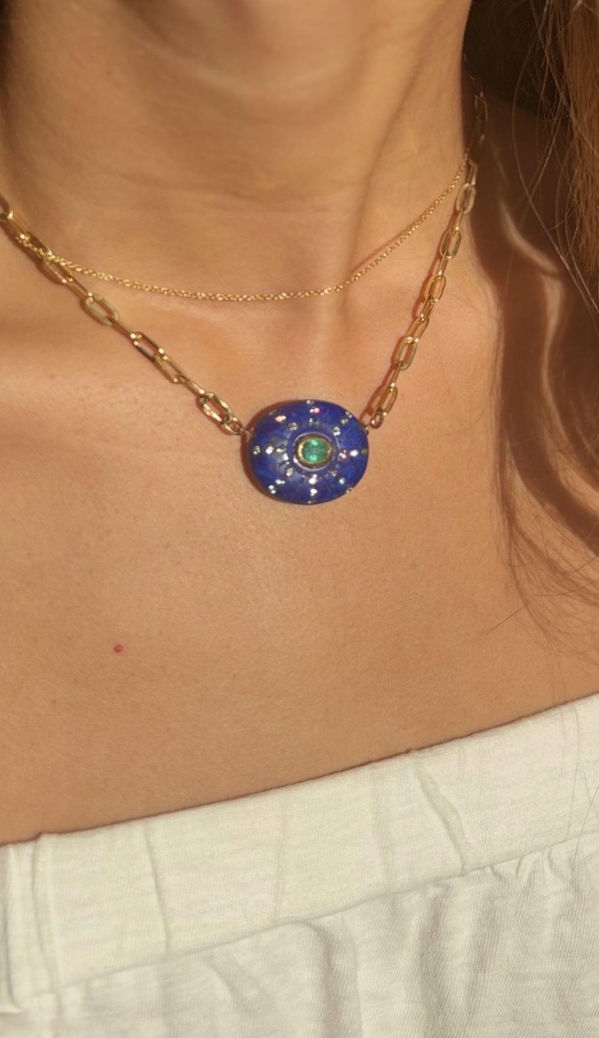 SOL NECKLACE, Lapis, Emerald, Diamonds & 14k Gold on a Paperclip Chain in vendita 2