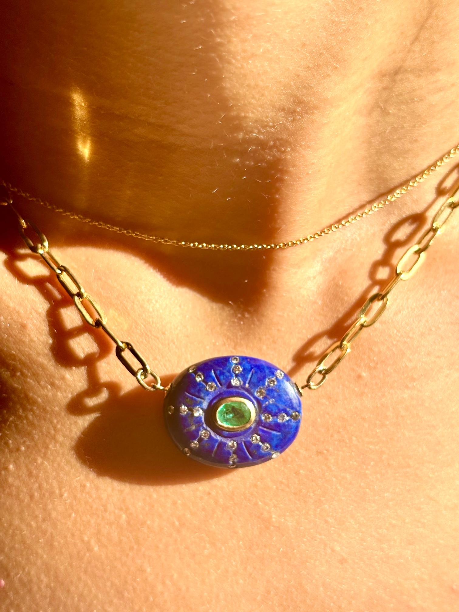 SOL NECKLACE, Lapis, Emerald, Diamonds & 14k Gold on a Paperclip Chain in vendita 4