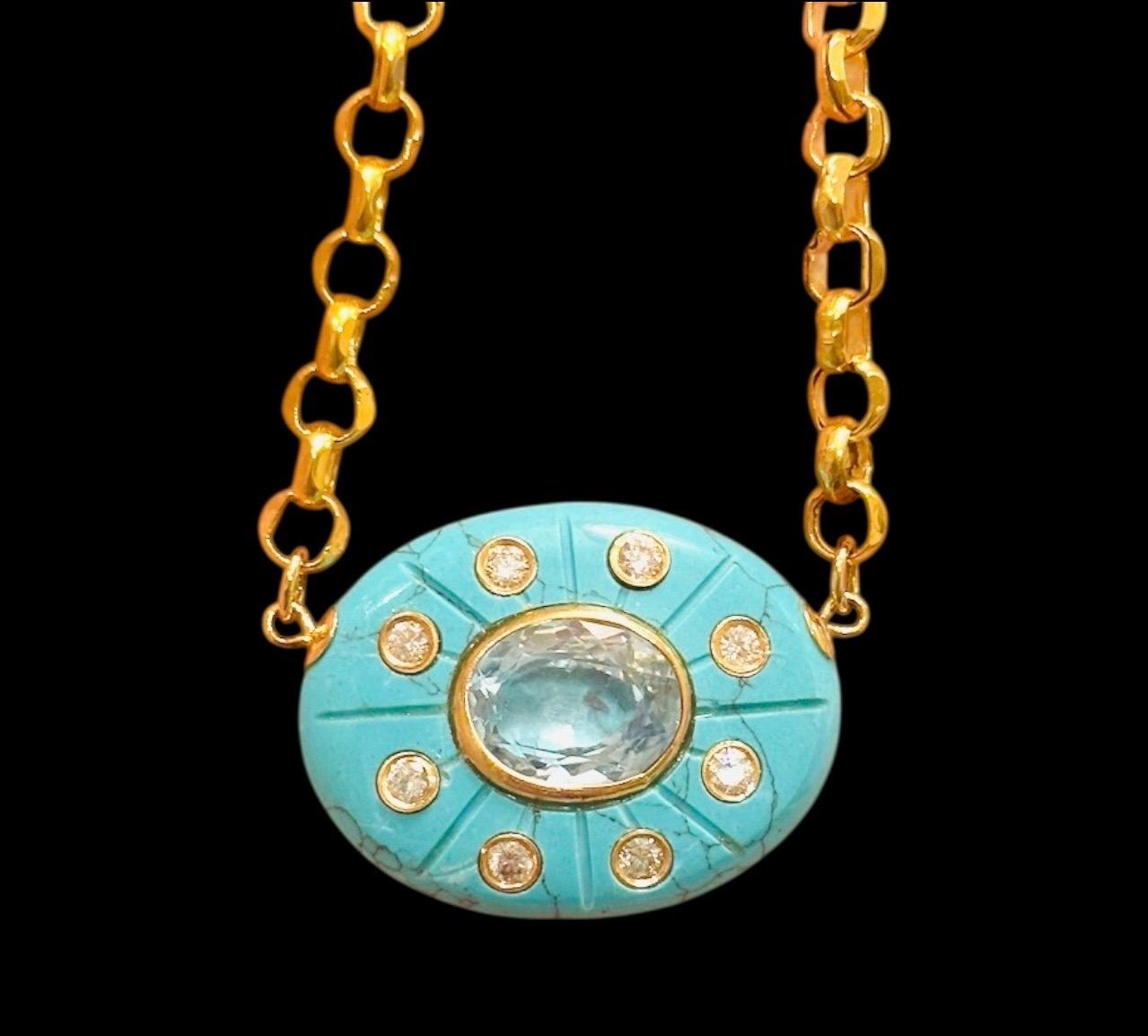 Collier SOL

Turquoise, topaze bleue, diamants, or 14k

La ligne S O L a été développée autour de l'idée de s'honorer soi-même et de vivre une vie qui vous illumine. Le soleil est un puissant symbole de vie et de lumière et ces pièces ont été