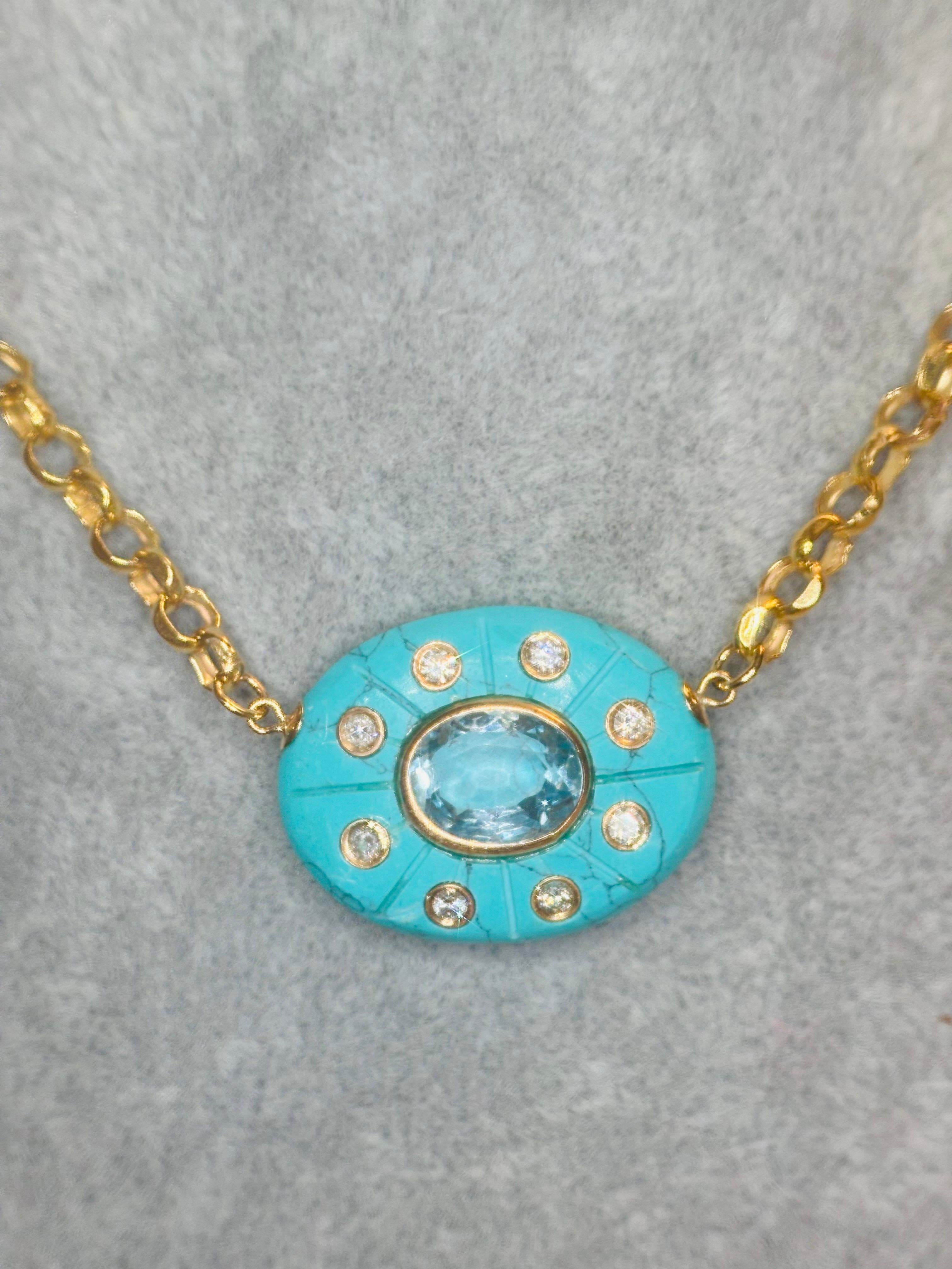 Taille mixte Collier SOL : Turquoise avec diamants et topaze bleue pendentif et chaîne en or 14k en vente