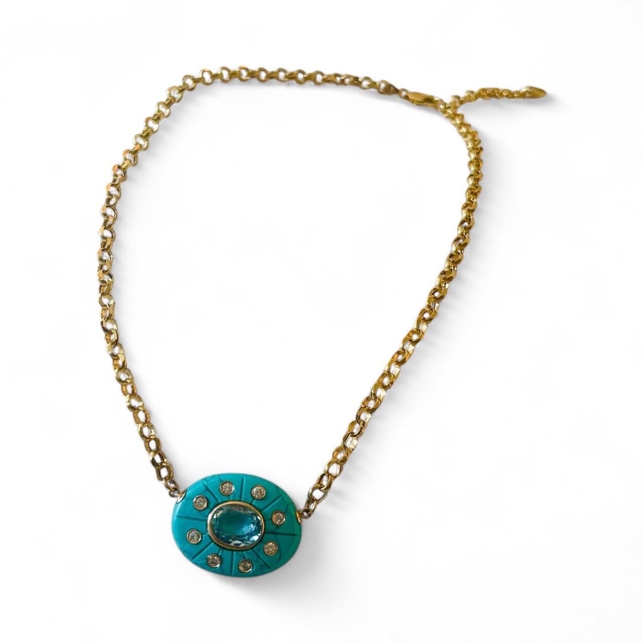 Collier SOL : Turquoise avec diamants et topaze bleue pendentif et chaîne en or 14k Neuf - En vente à New York, NY