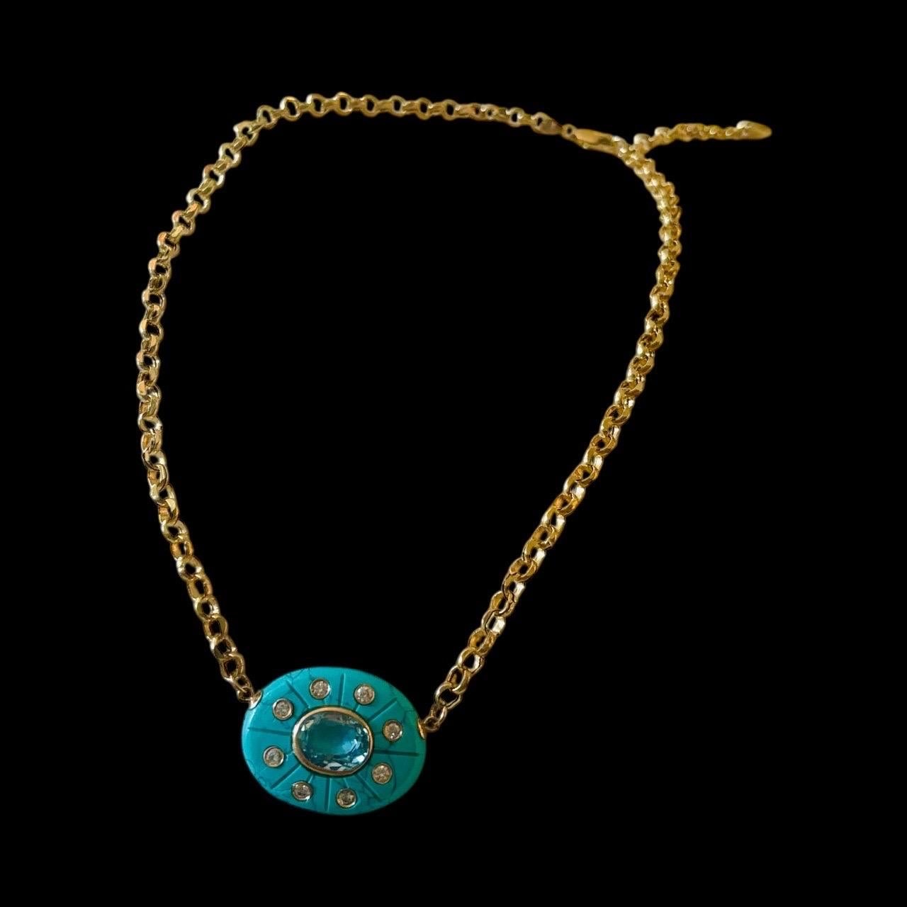 Collier SOL : Turquoise avec diamants et topaze bleue pendentif et chaîne en or 14k Unisexe en vente