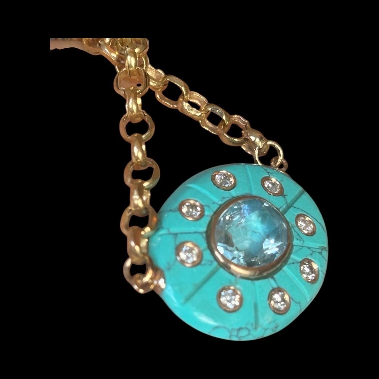 Collier SOL : Turquoise avec diamants et topaze bleue pendentif et chaîne en or 14k en vente 1