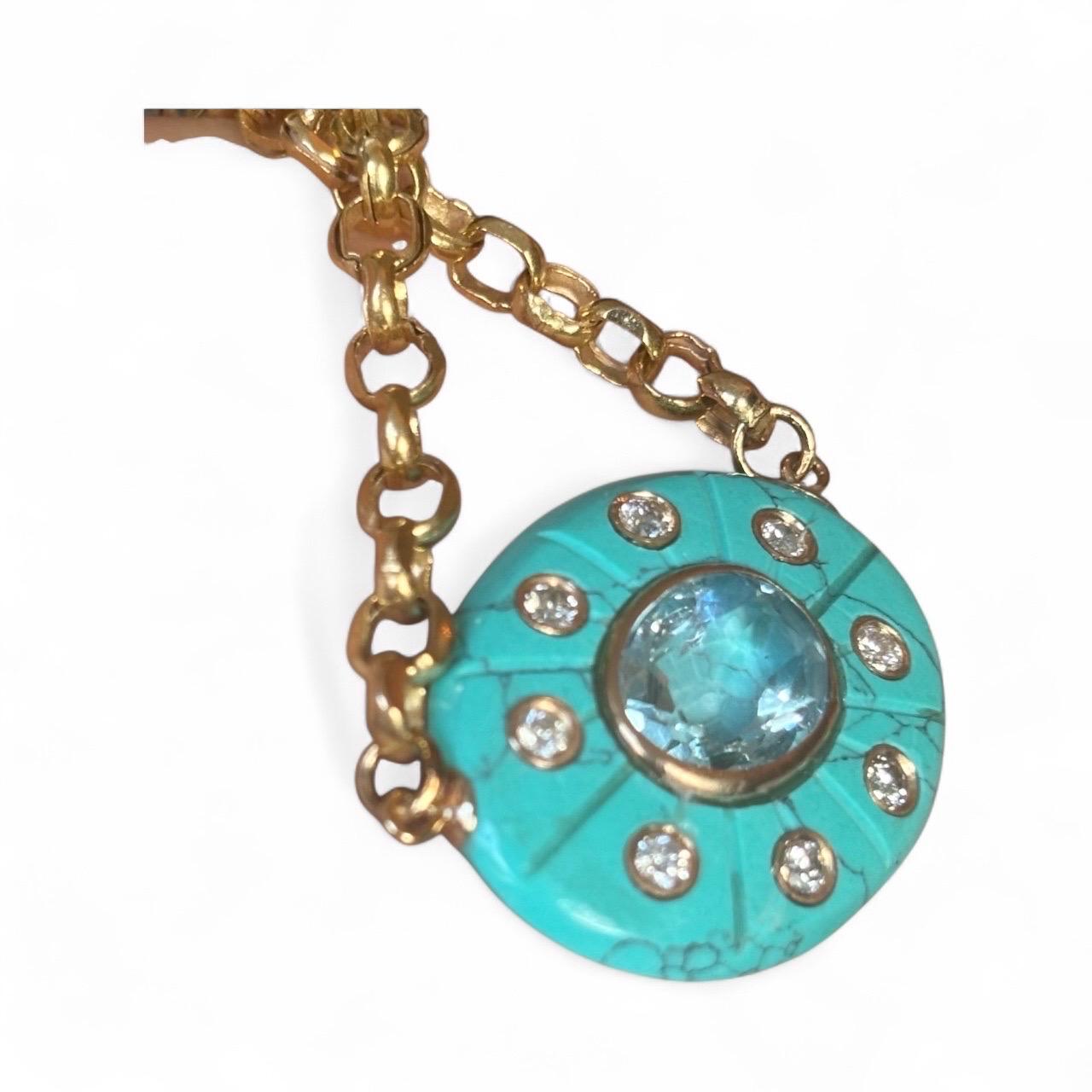 Collier SOL : Turquoise avec diamants et topaze bleue pendentif et chaîne en or 14k en vente 2