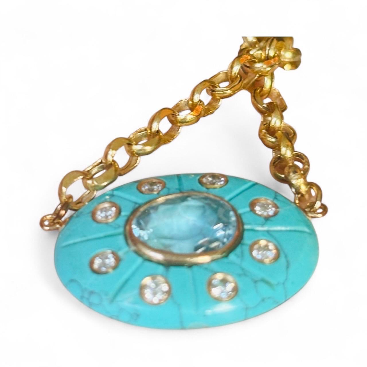 Collier SOL : Turquoise avec diamants et topaze bleue pendentif et chaîne en or 14k en vente 4