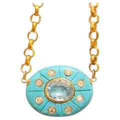 SOL Necklace: Turquoise with Diamonds and Blue Topaz Pendant & 14k Gold Chain