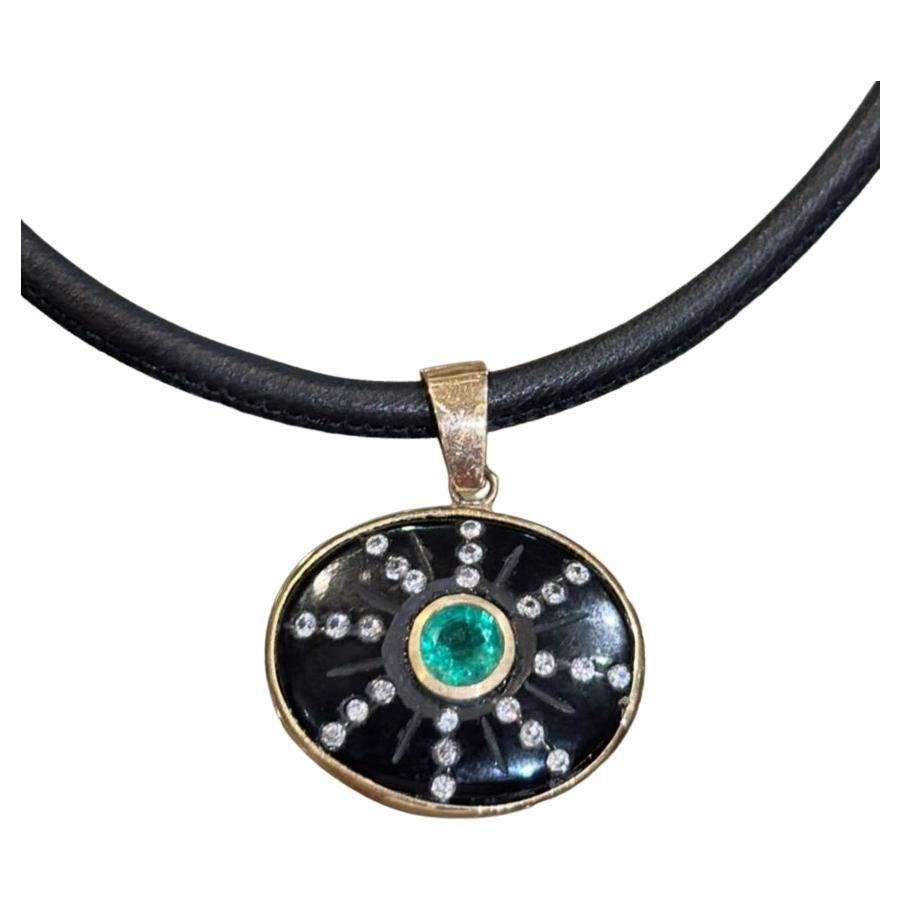 SOL-Anhänger, schwarzer Onyx, Smaragd, Diamanten, 14k Gold