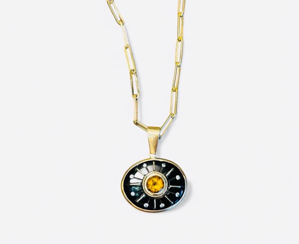 Pendentif SOL, Onyx noir, Citrine, Diamants et or 14k Neuf - En vente à New York, NY