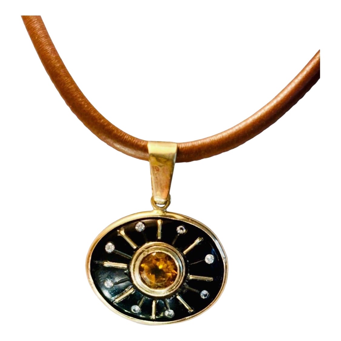 Pendentif SOL, Onyx noir, Citrine, Diamants et or 14k