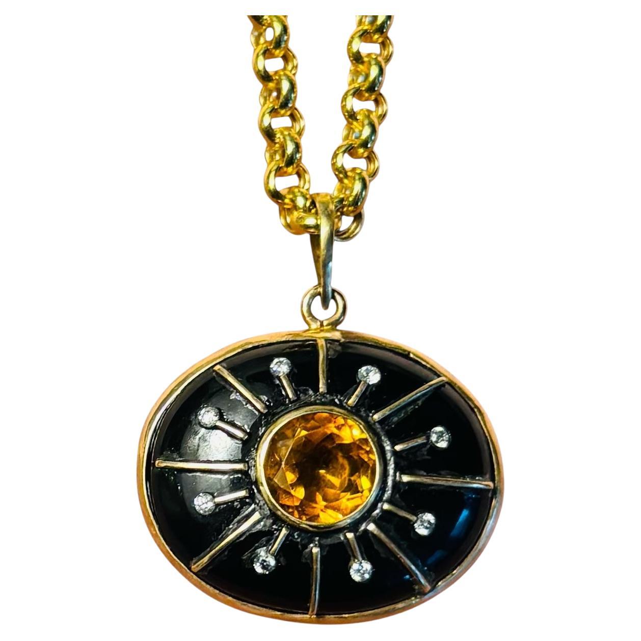 SOL PENDANT , BLACK ONYX, CITRINE, DIAMONDS & 14k GOLD