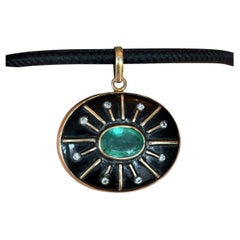 Pendentif SOL, Onyx noir, émeraude, diamants et or 14k