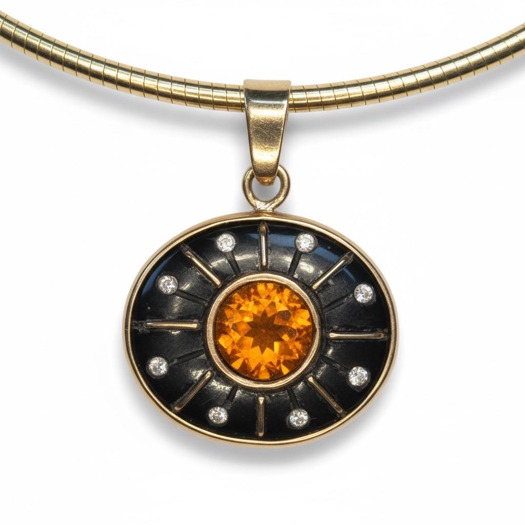 Mixed Cut SOL Pendant, Black Onyx, Madeira Citrine, Diamonds & 14k Gold For Sale