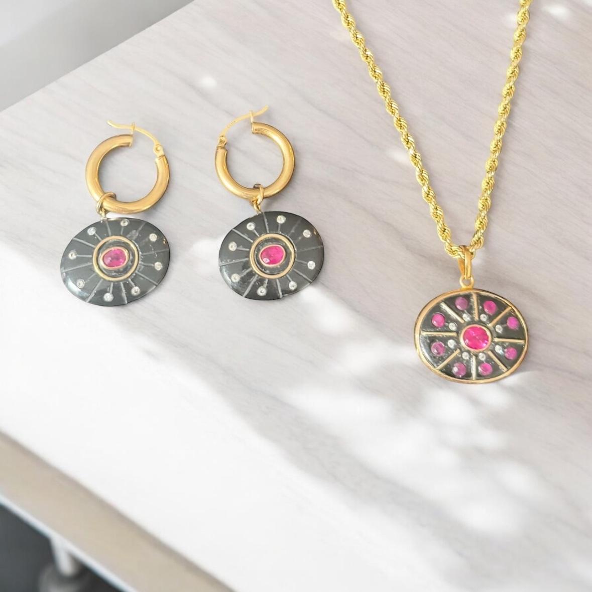 SOL PENDANT, Black Onyx, Rubies, Diamonds & 14k Gold For Sale 8