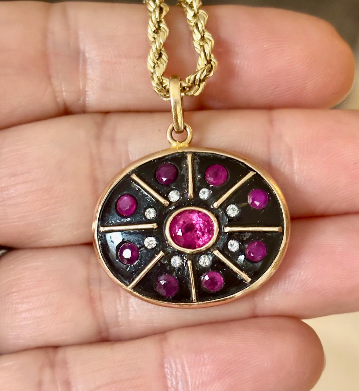 Brilliant Cut SOL PENDANT, Black Onyx, Rubies, Diamonds & 14k Gold For Sale