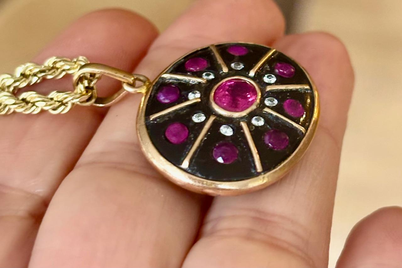 Women's or Men's SOL PENDANT, Black Onyx, Rubies, Diamonds & 14k Gold For Sale