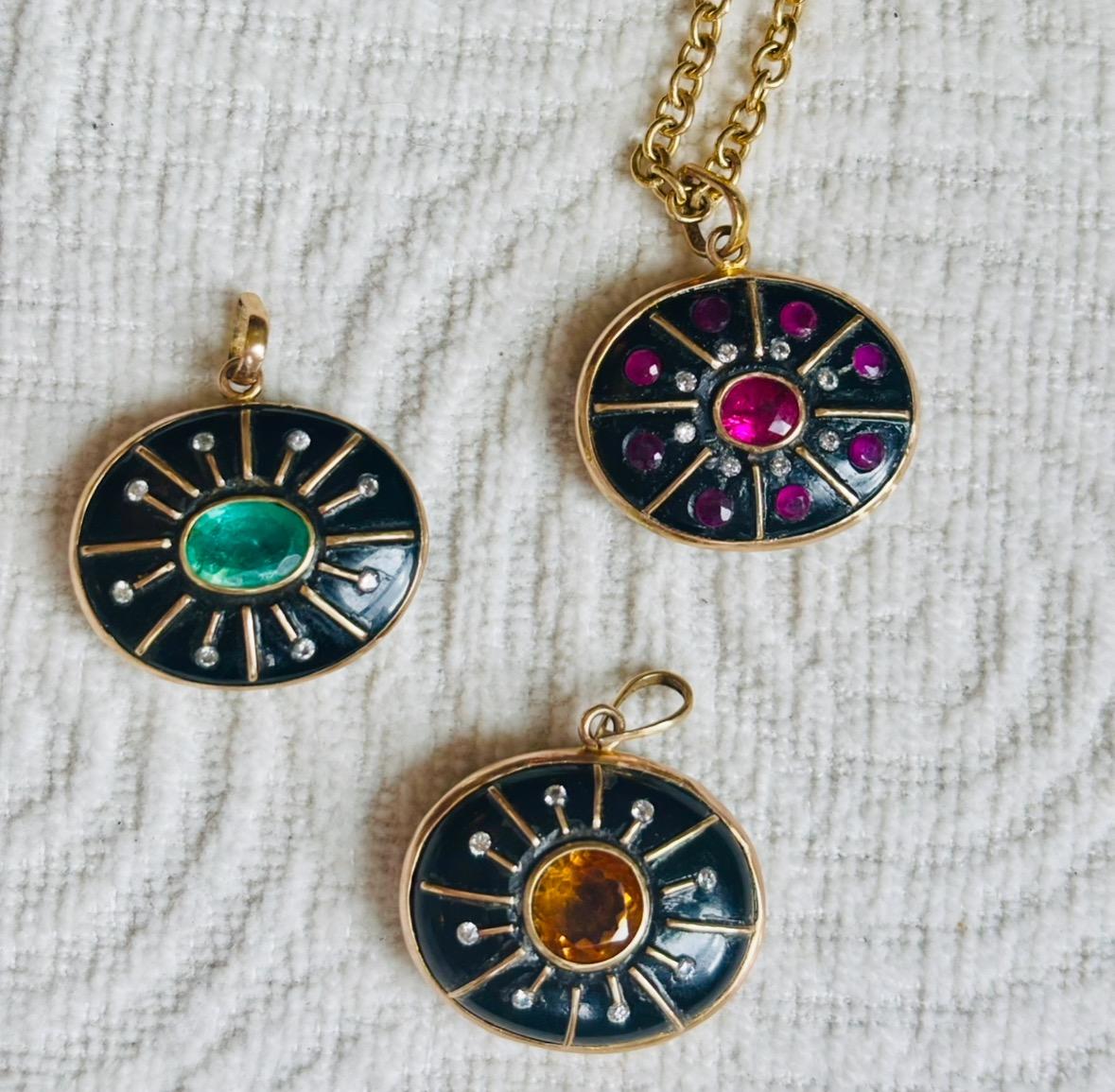 SOL PENDANT, Black Onyx, Rubies, Diamonds & 14k Gold For Sale 1