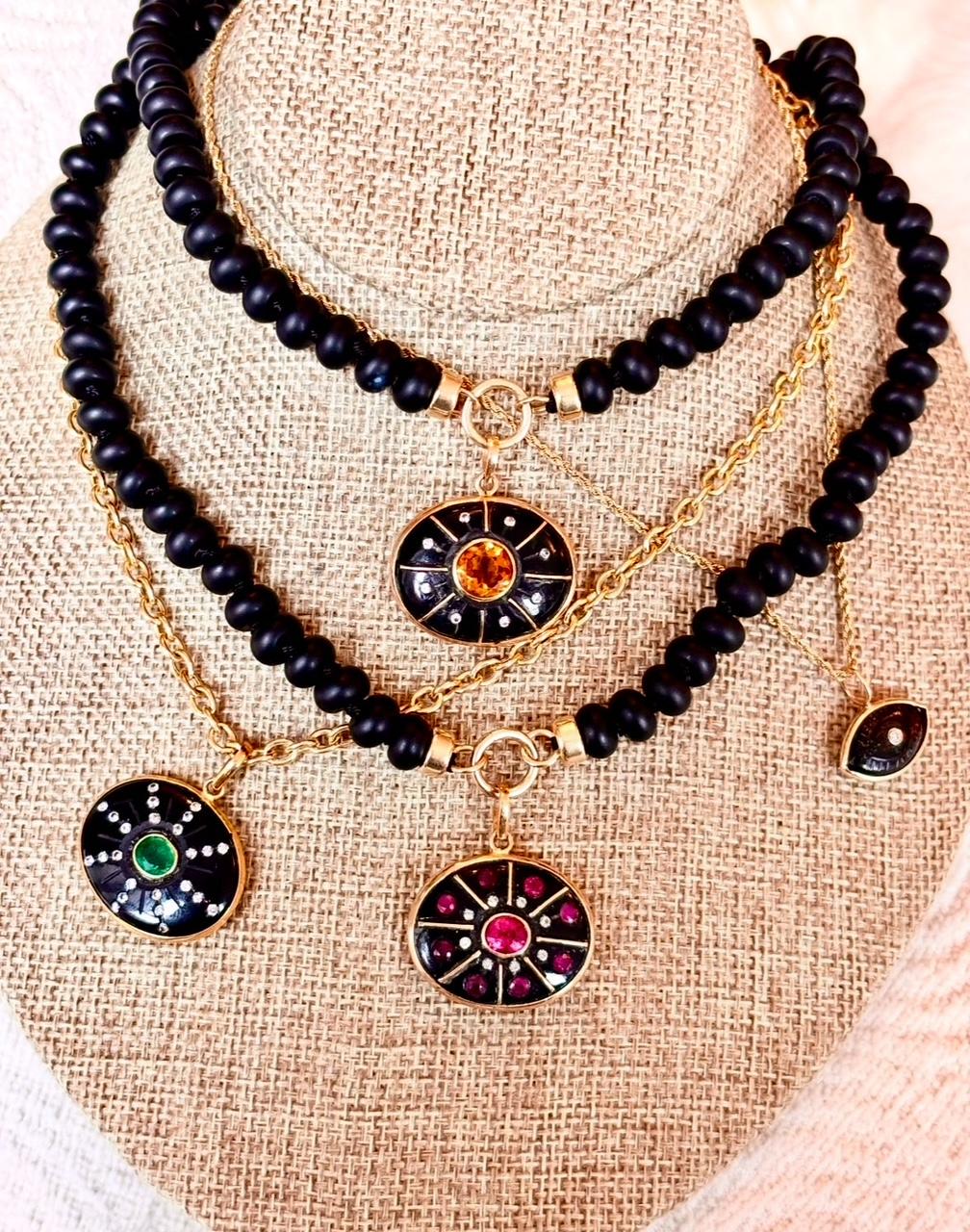 SOL PENDANT, Black Onyx, Rubies, Diamonds & 14k Gold For Sale 4