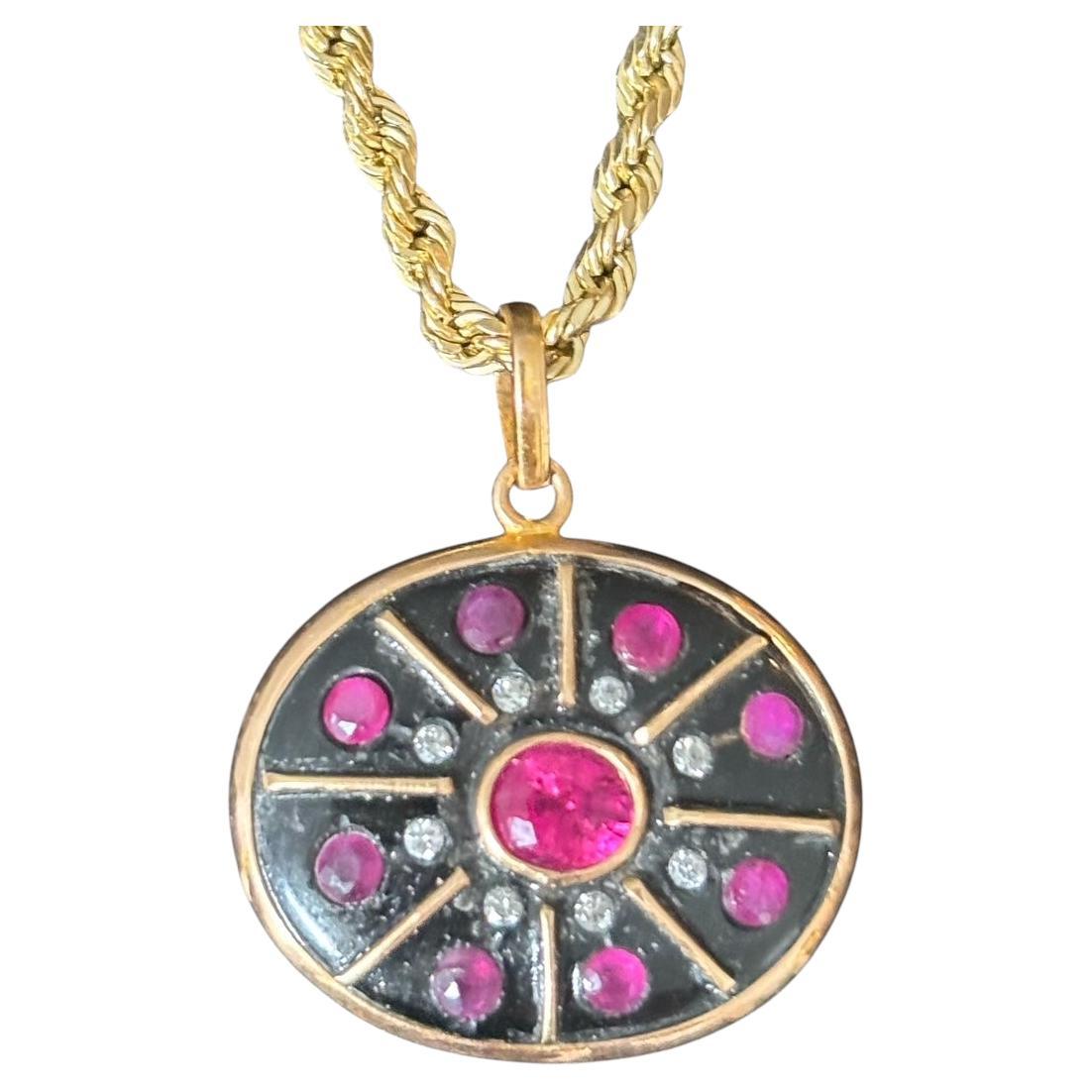 SOL PENDANT, Black Onyx, Rubies, Diamonds & 14k Gold For Sale