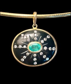 SOL Pendant: Black Onyx Sun with Center Oval Emerald & Diamond Sun Rays, 14k
