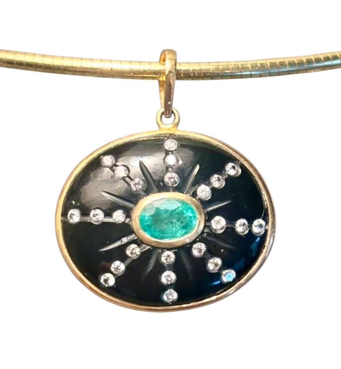 SOL Pendant: Black Onyx Sun with Center Oval Emerald 
Diamond Sun Rays, 14k For Sale