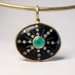 SOL Pendant, Black Onyx with Center Round Emerald and Diamond Sun Rays, 14k Gold