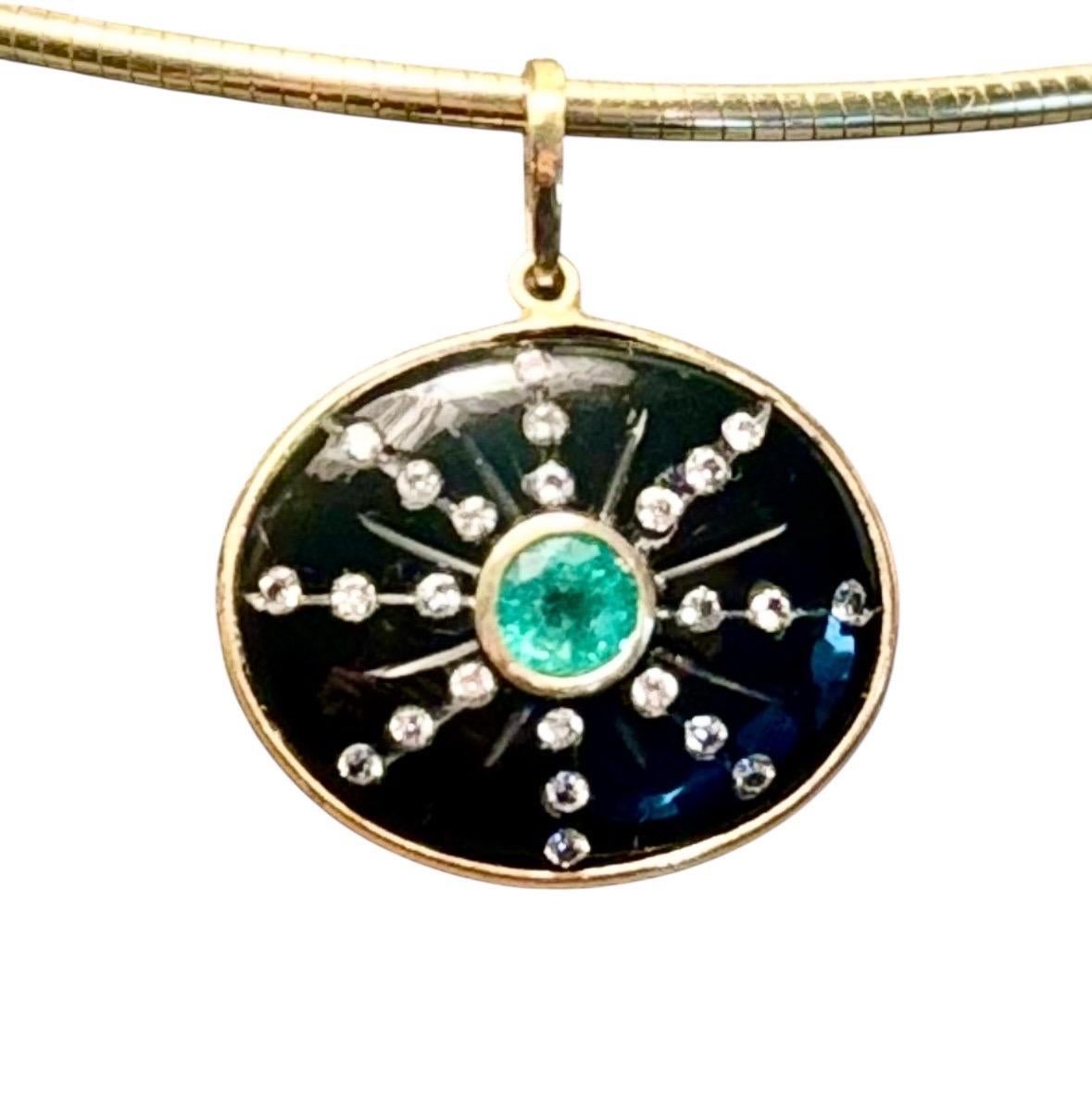 SOL Pendant, Black Onyx with Center Round Emerald and Diamond Sun Rays, 14k Gold For Sale