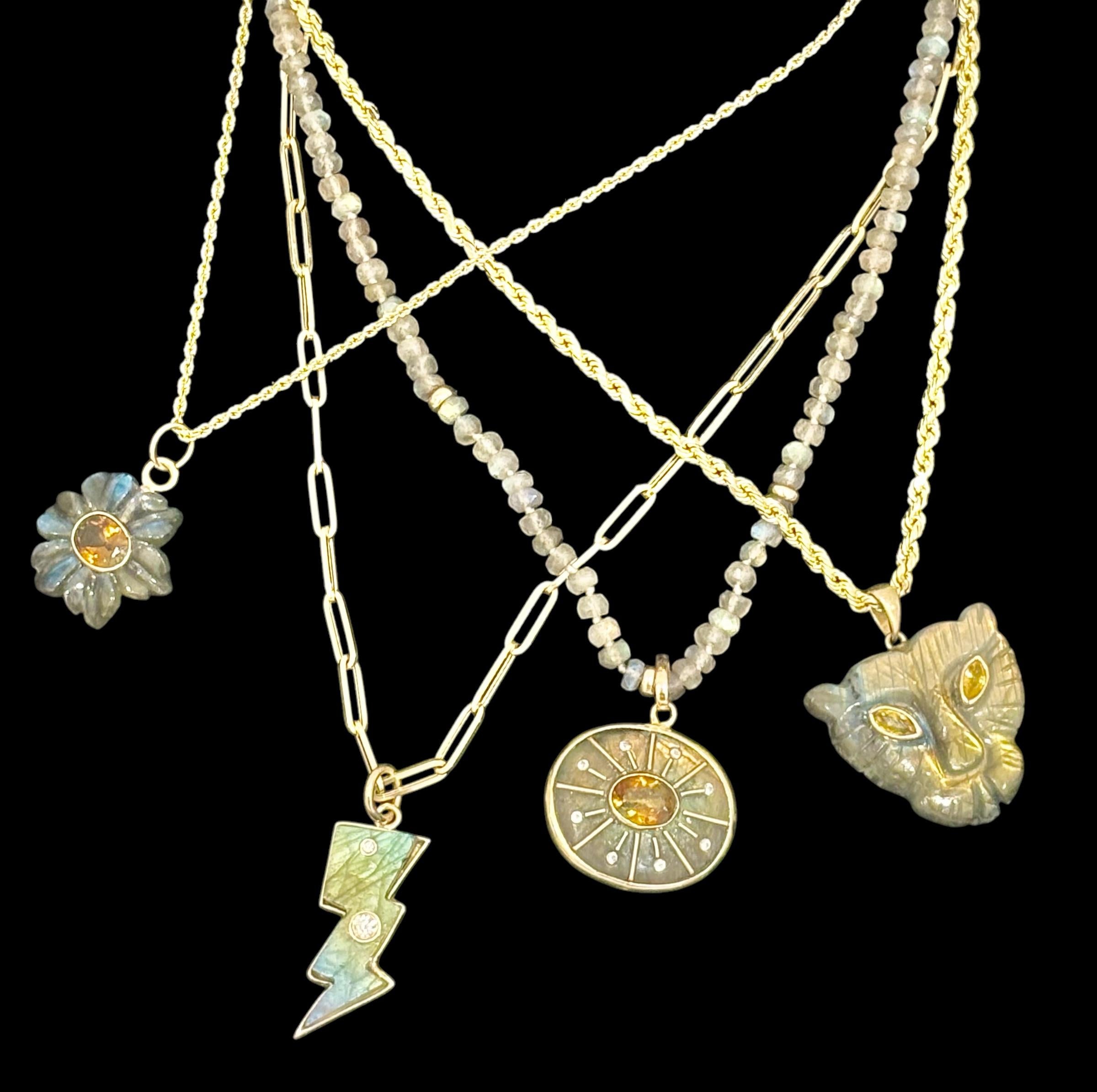 Pendentif en or 14 carats, labradorite, tourmaline, diamants en vente 6