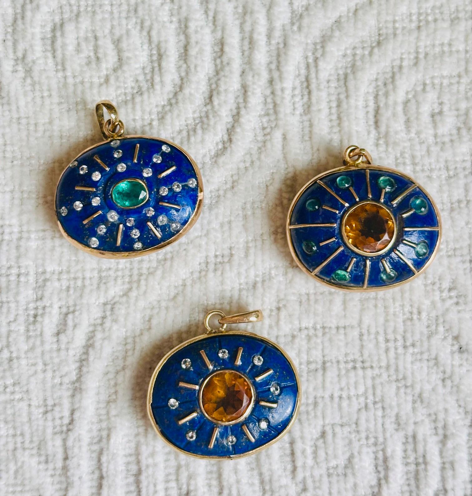 Taglio misto Ciondolo SOL, Lapis, Citrino, Diamanti e Oro 14k in vendita