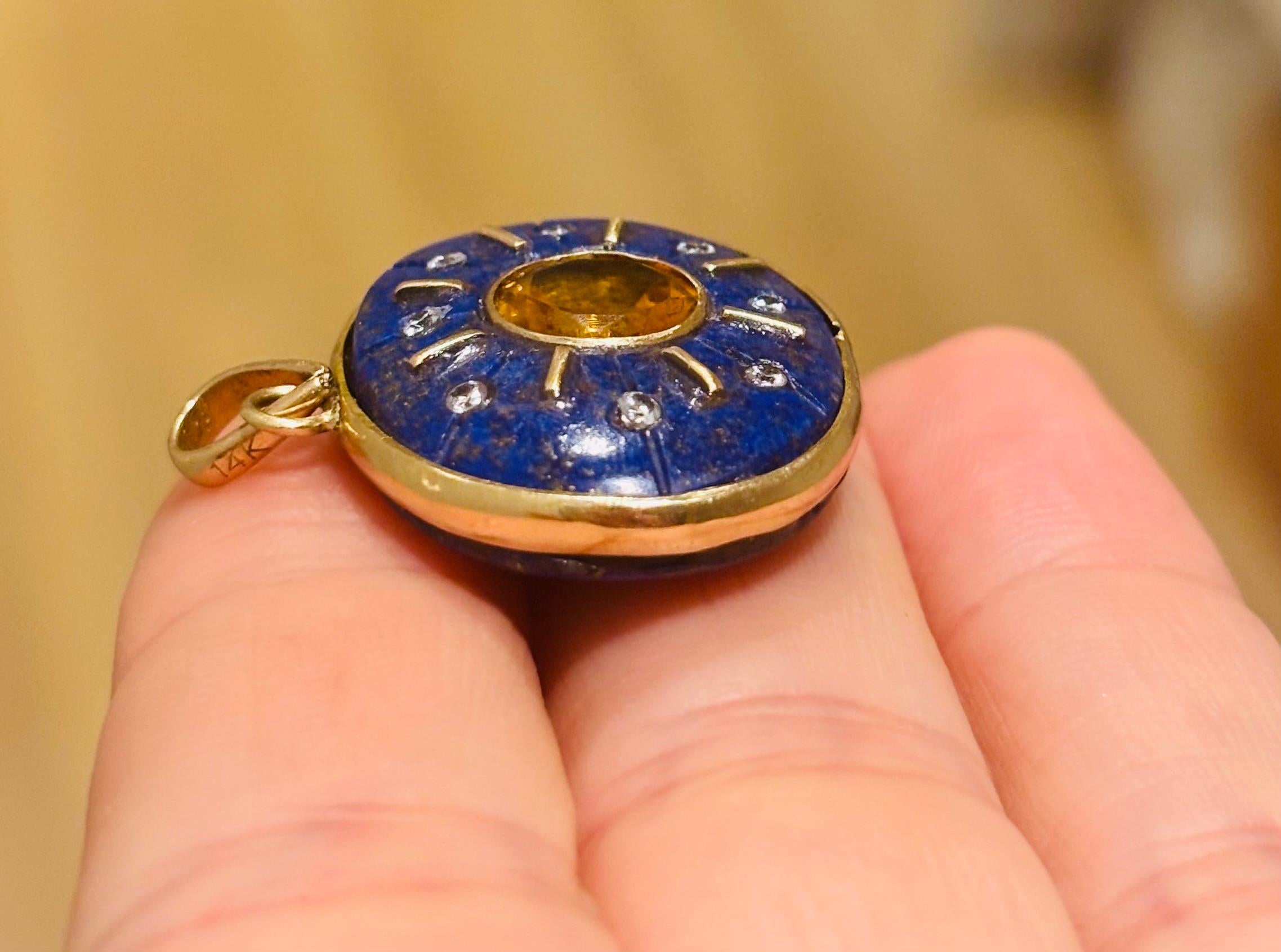 Ciondolo SOL, Lapis, Citrino, Diamanti e Oro 14k in vendita 1