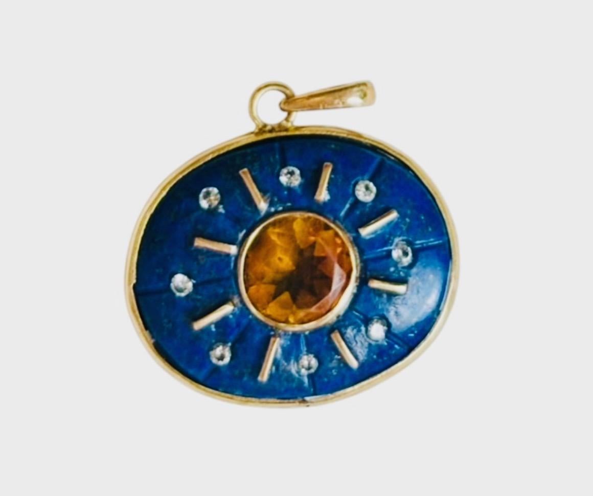 Ciondolo SOL, Lapis, Citrino, Diamanti e Oro 14k in vendita 2
